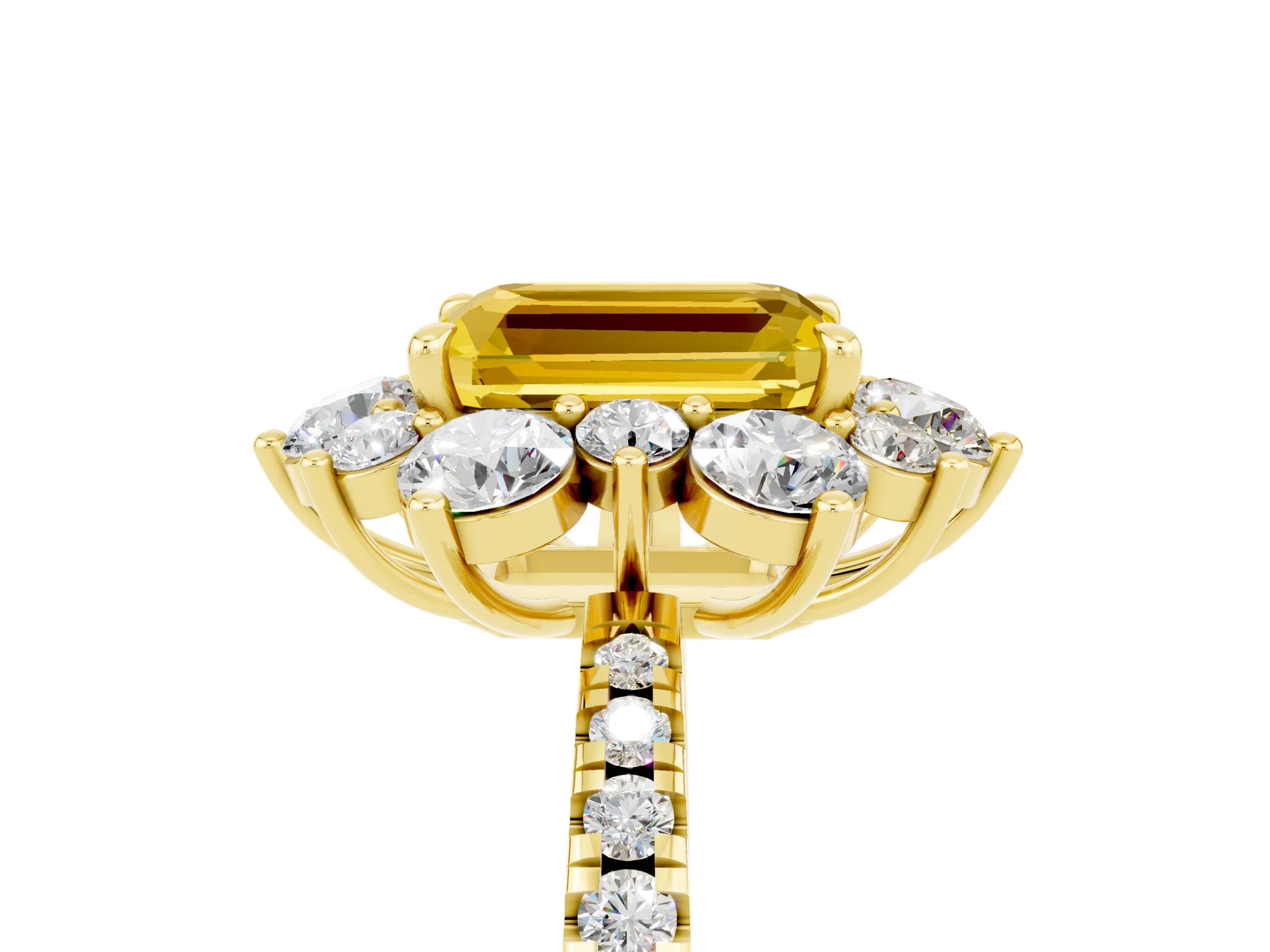 Yellow gold Emerald Cut Cut Diamond Floral Halo Pave Band with Prong Setting_5