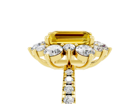 Yellow gold Emerald Cut Cut Diamond Floral Halo Pave Band with Prong Setting_5