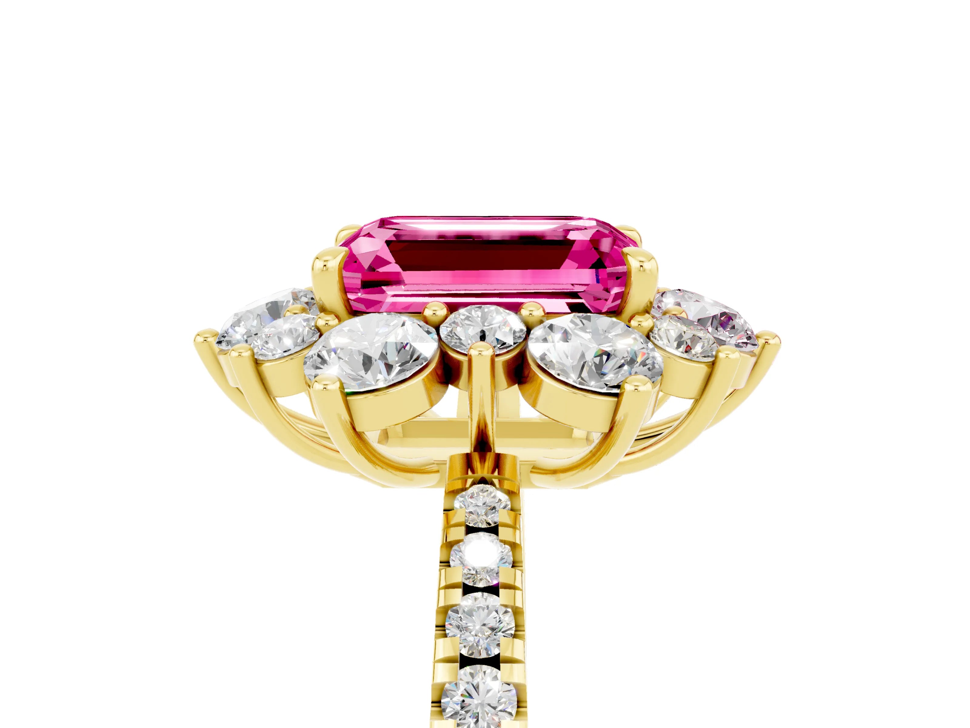 Yellow gold Emerald Cut Cut Diamond Floral Halo Pave Band with Prong Setting_5