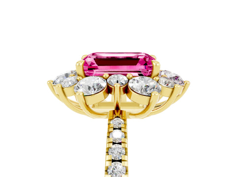 Yellow gold Emerald Cut Cut Diamond Floral Halo Pave Band with Prong Setting_5