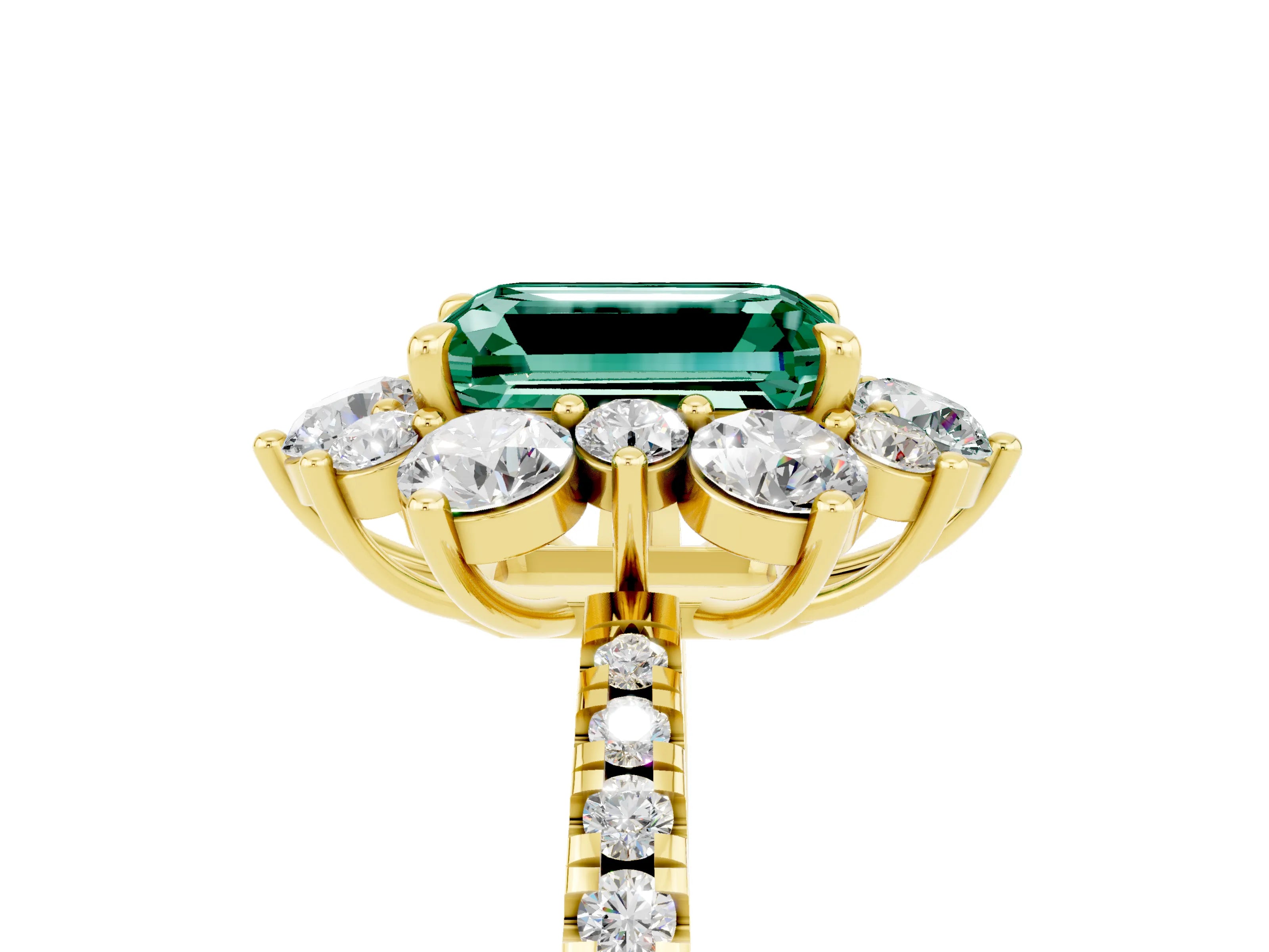 Yellow gold Emerald Cut Cut Diamond Floral Halo Pave Band with Prong Setting_5