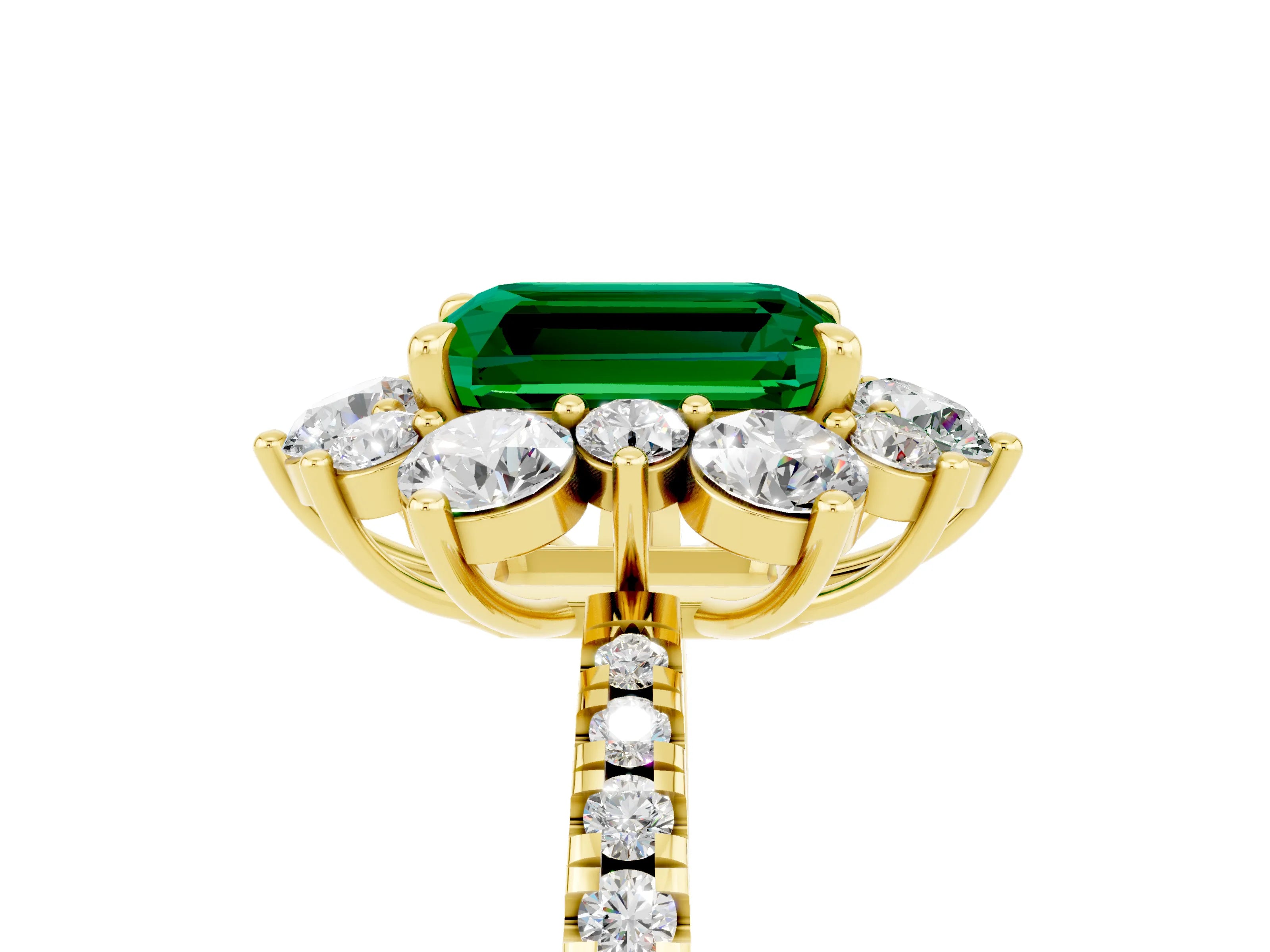 Yellow gold Emerald Cut Cut Diamond Floral Halo Pave Band with Prong Setting_5