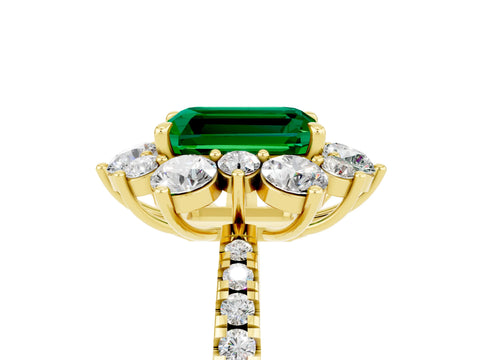 Yellow gold Emerald Cut Cut Diamond Floral Halo Pave Band with Prong Setting_5
