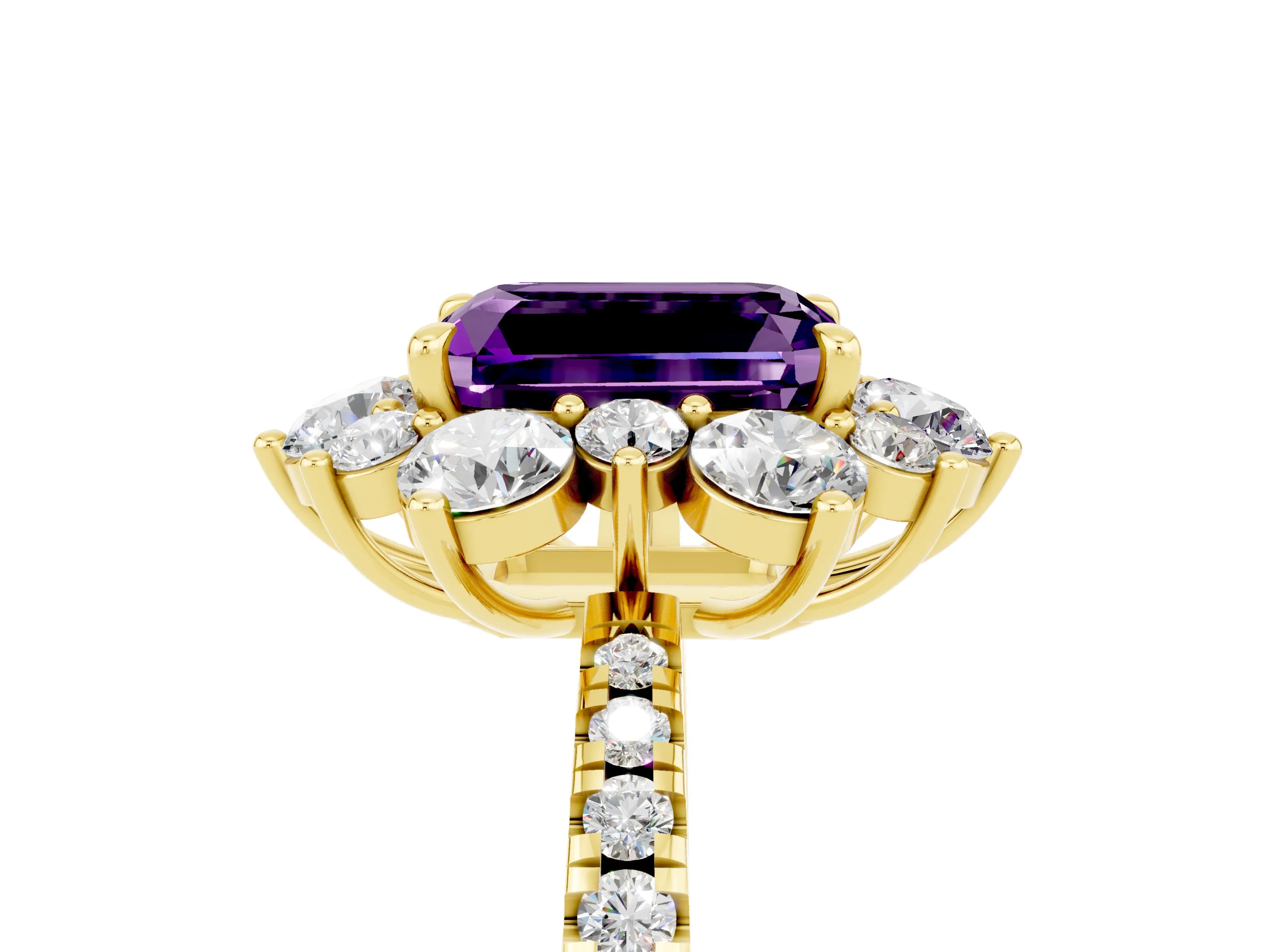 Yellow gold Emerald Cut Cut Diamond Floral Halo Pave Band with Prong Setting_5