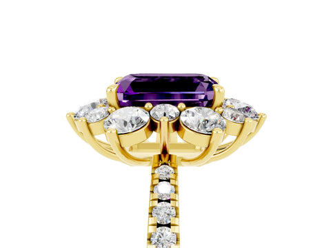 Yellow gold Emerald Cut Cut Diamond Floral Halo Pave Band with Prong Setting_5