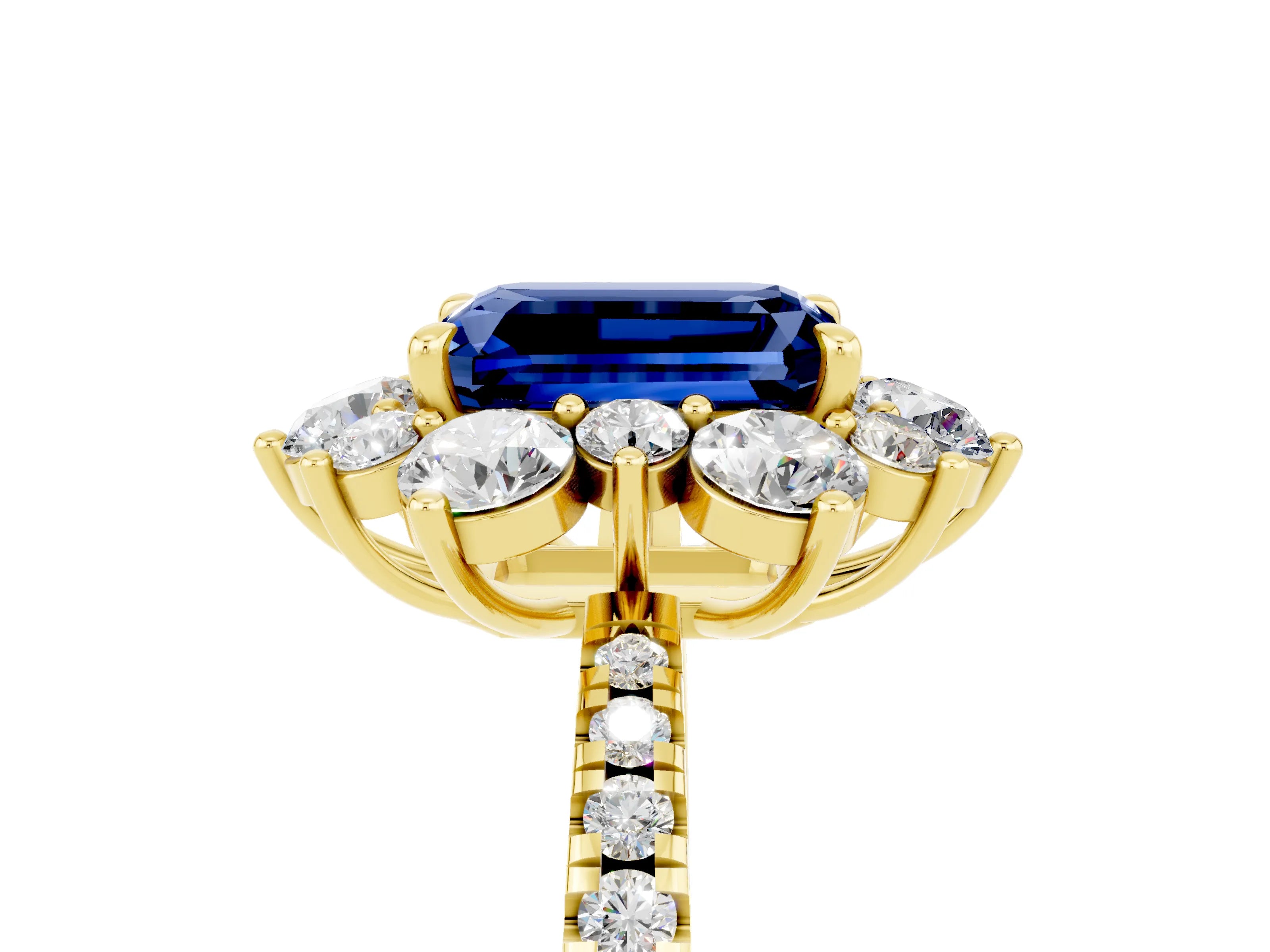 Yellow gold Emerald Cut Cut Diamond Floral Halo Pave Band with Prong Setting_5