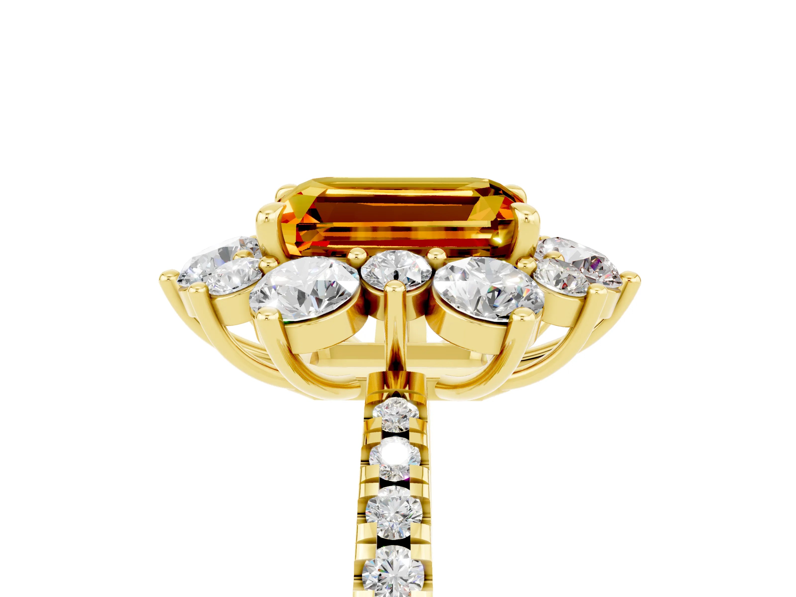 Yellow gold Emerald Cut Cut Diamond Floral Halo Pave Band with Prong Setting_5