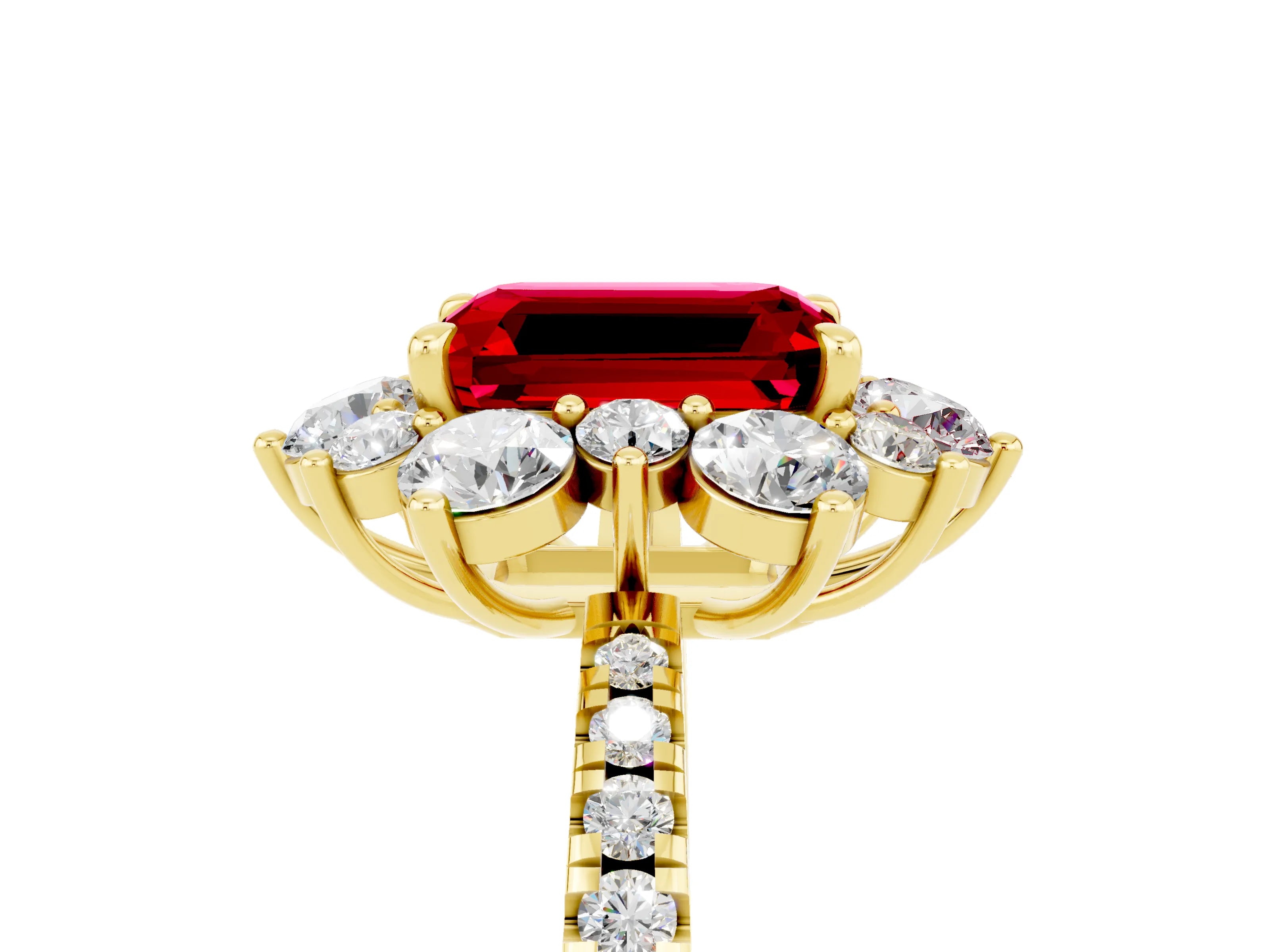 Yellow gold Emerald Cut Cut Diamond Floral Halo Pave Band with Prong Setting_5