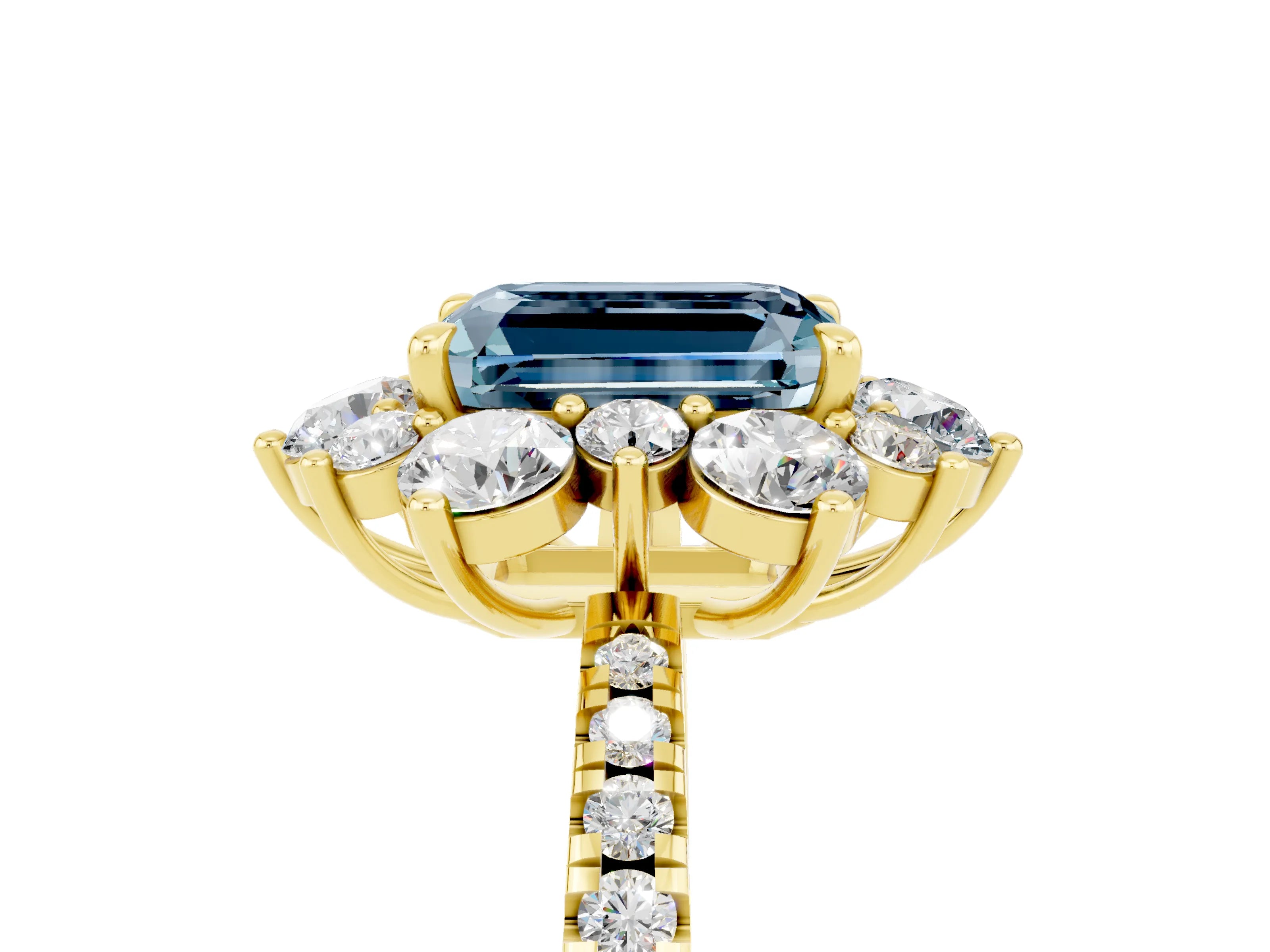 Yellow gold Emerald Cut Cut Diamond Floral Halo Pave Band with Prong Setting_5