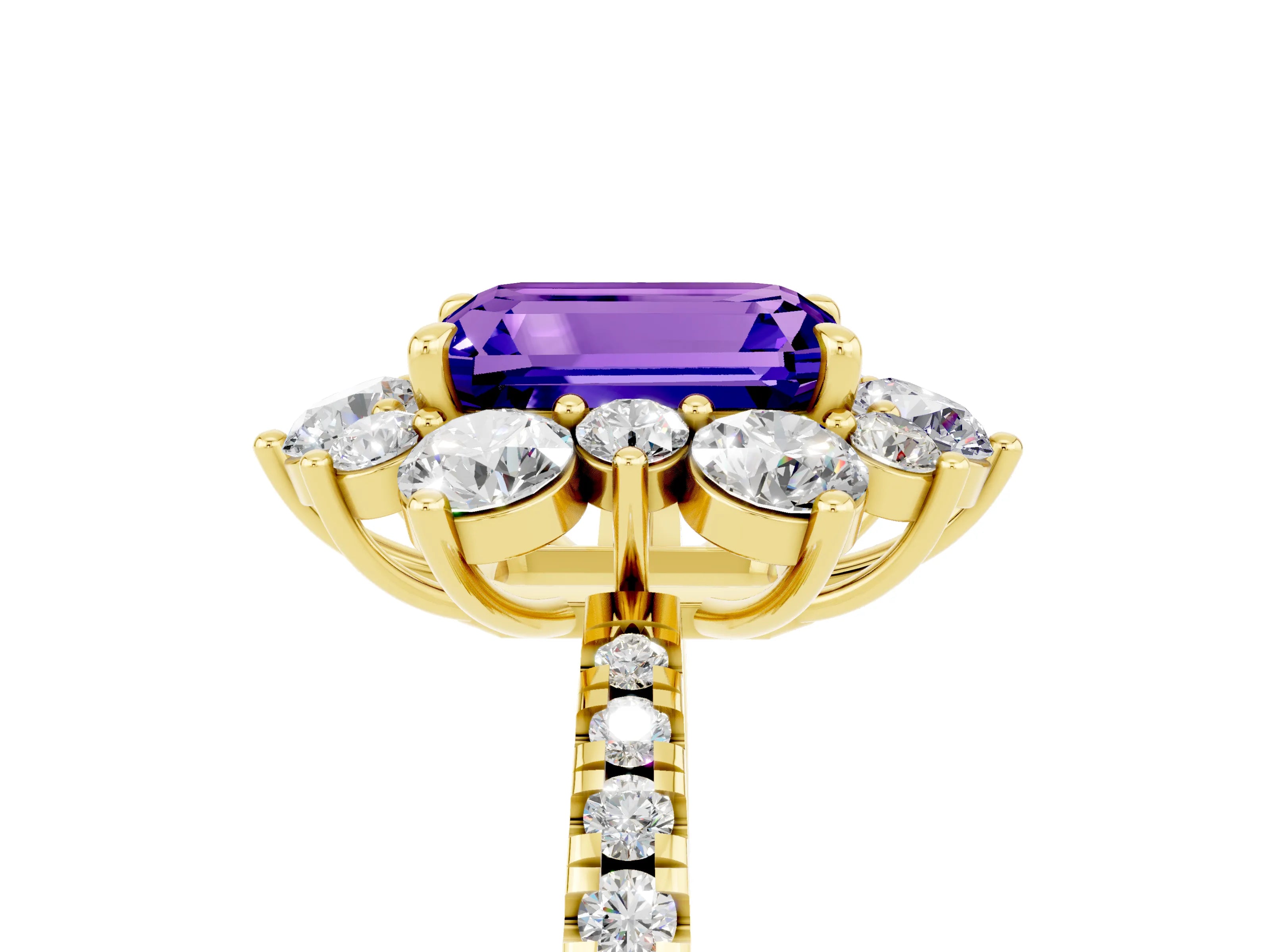 Yellow gold Emerald Cut Cut Diamond Floral Halo Pave Band with Prong Setting_5