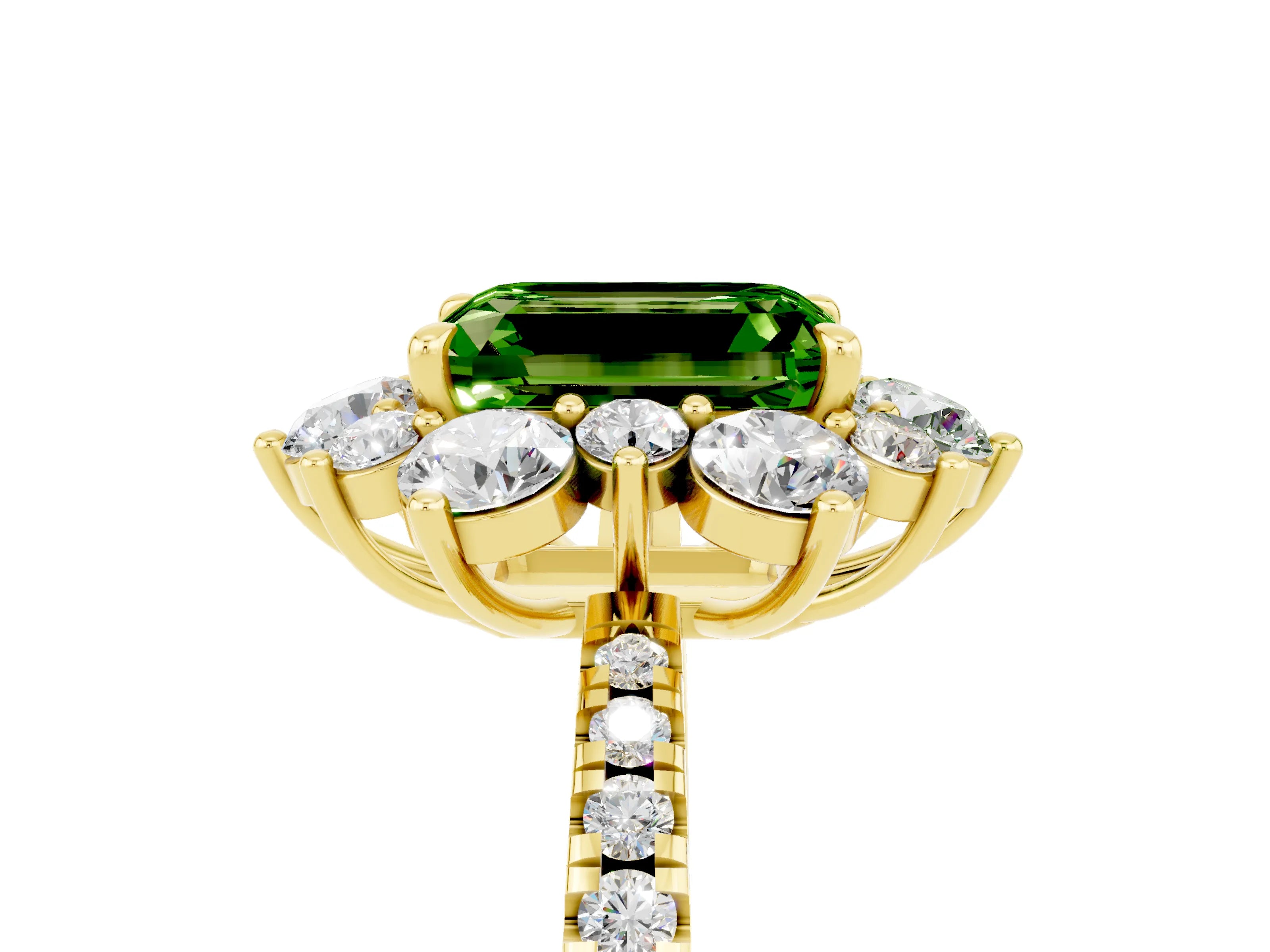 Yellow gold Emerald Cut Cut Diamond Floral Halo Pave Band with Prong Setting_5