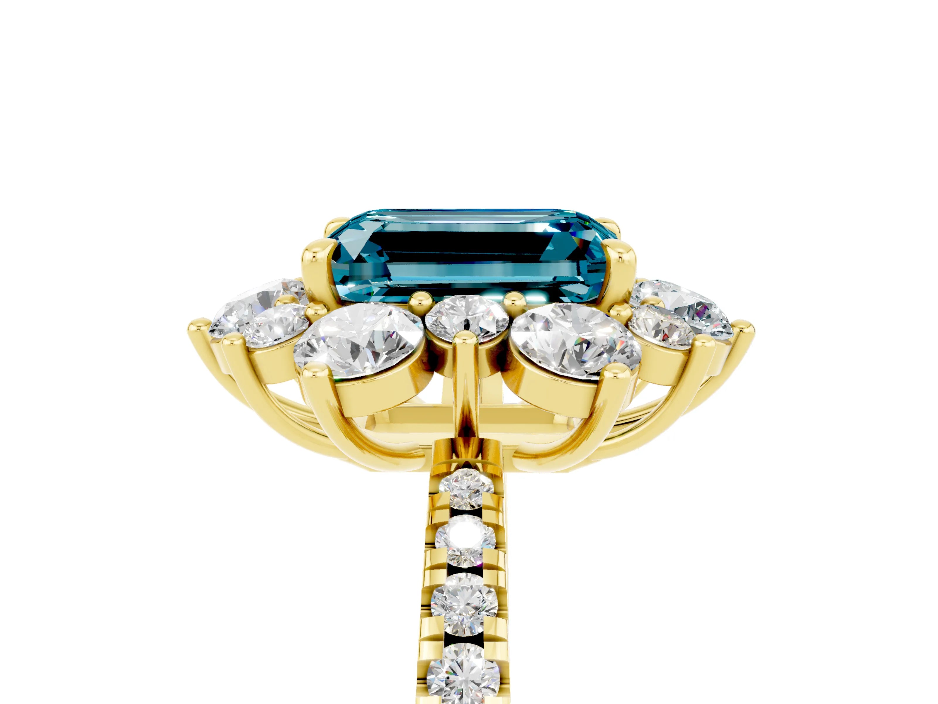 Yellow gold Emerald Cut Cut Diamond Floral Halo Pave Band with Prong Setting_5