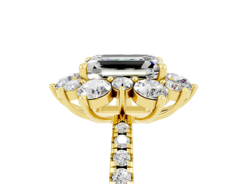Yellow gold Emerald Cut Cut Diamond Floral Halo Pave Band with Prong Setting_5
