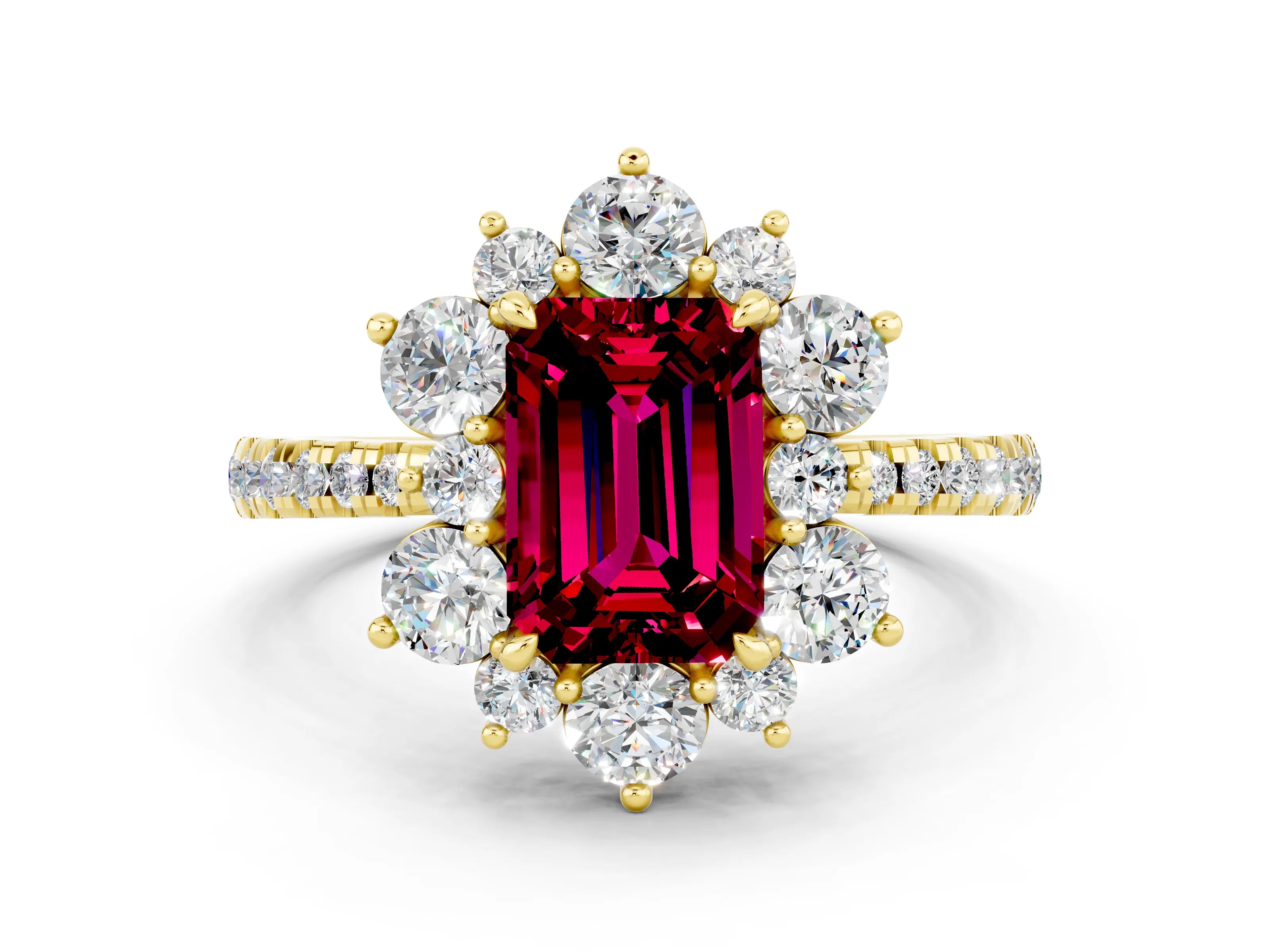 Yellow gold Emerald Cut Cut Diamond Floral Halo Pave Band with Prong Setting