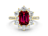 Yellow gold Emerald Cut Cut Diamond Floral Halo Pave Band with Prong Setting