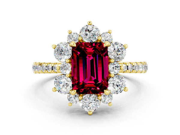 Yellow gold Emerald Cut Garnet Floral Halo Ring with Round Pavé Band and Prong Setting