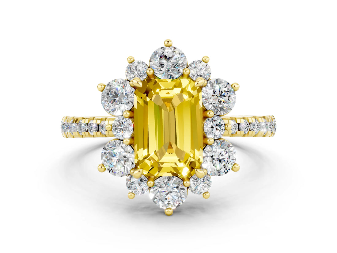 Yellow gold Emerald Cut Cut Diamond Floral Halo Pave Band with Prong Setting