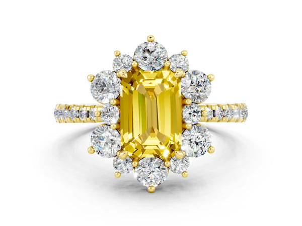Yellow gold Emerald Cut Yellow Sapphire Floral Halo Ring with Round Pavé Band and Prong Setting