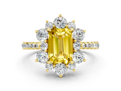 Yellow gold Emerald Cut Cut Diamond Floral Halo Pave Band with Prong Setting