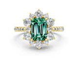 Yellow gold Emerald Cut Cut Diamond Floral Halo Pave Band with Prong Setting