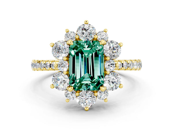 Yellow gold Emerald Cut Green Sapphire Floral Halo Ring with Round Pavé Band and Prong Setting