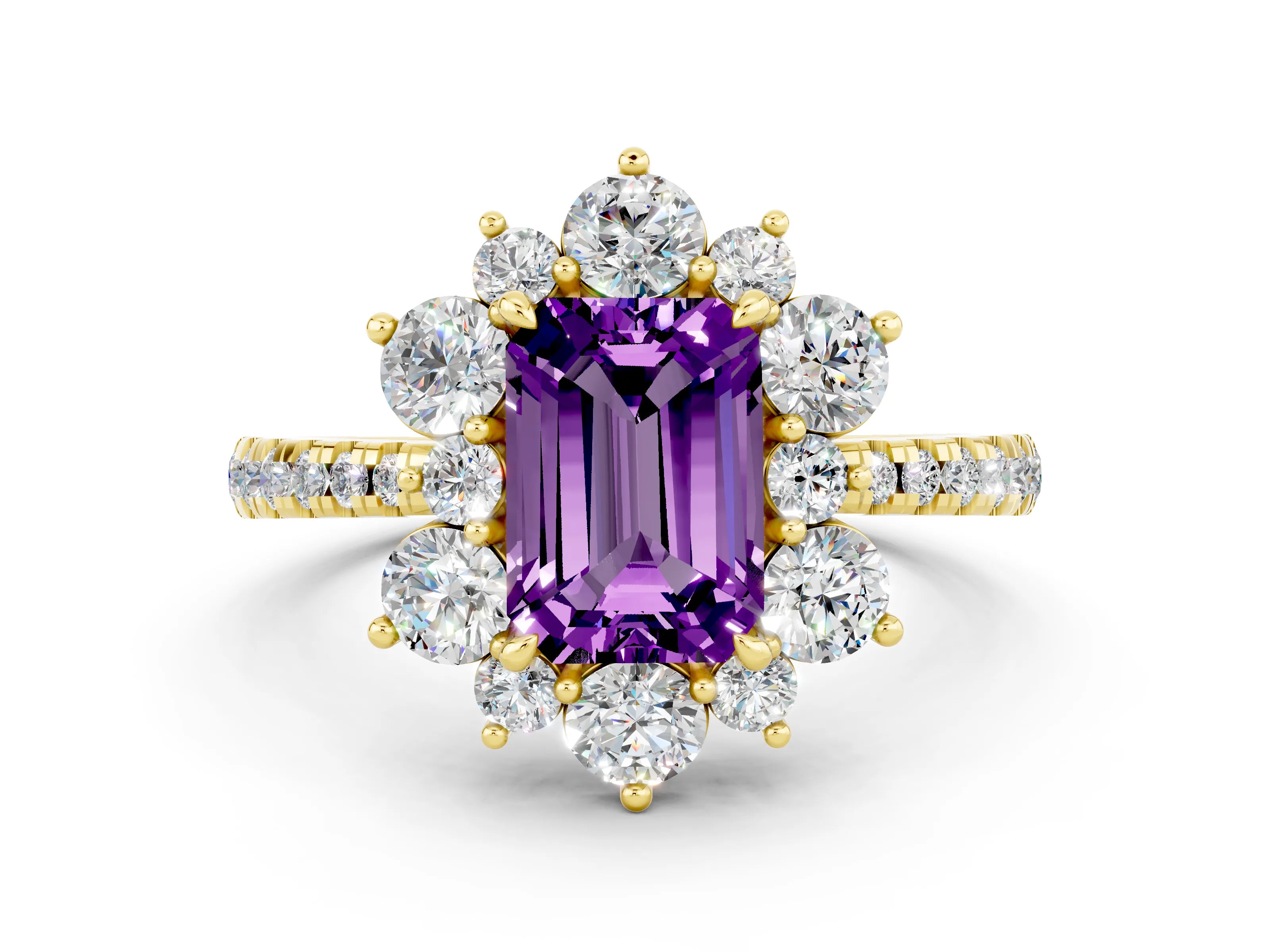 Yellow gold Emerald Cut Cut Diamond Floral Halo Pave Band with Prong Setting