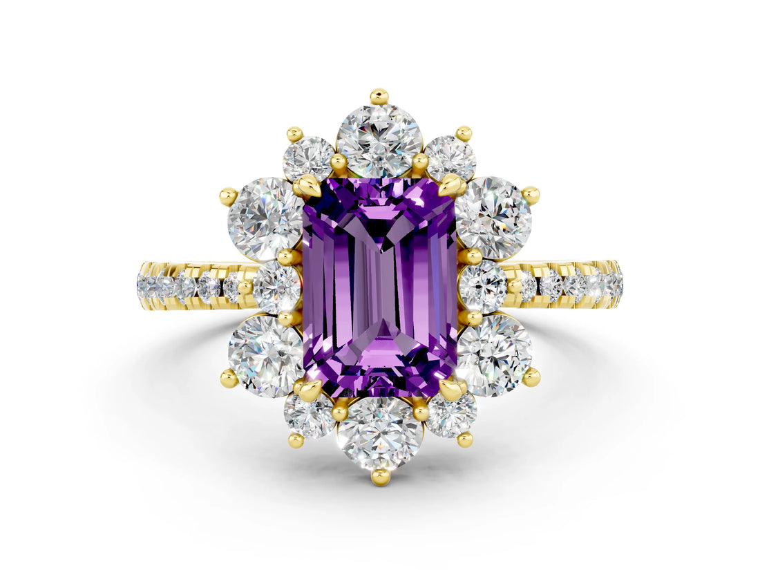 Yellow gold Emerald Cut Cut Diamond Floral Halo Pave Band with Prong Setting