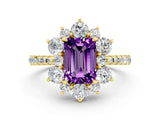 Yellow gold Emerald Cut Cut Diamond Floral Halo Pave Band with Prong Setting