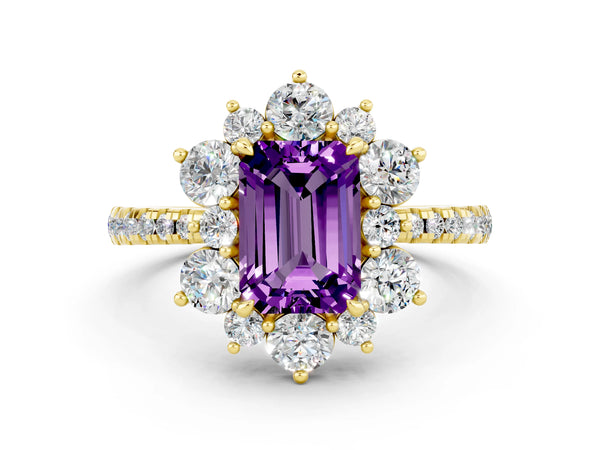 Yellow gold Emerald Cut Amethyst Floral Halo Ring with Round Pavé Band and Prong Setting