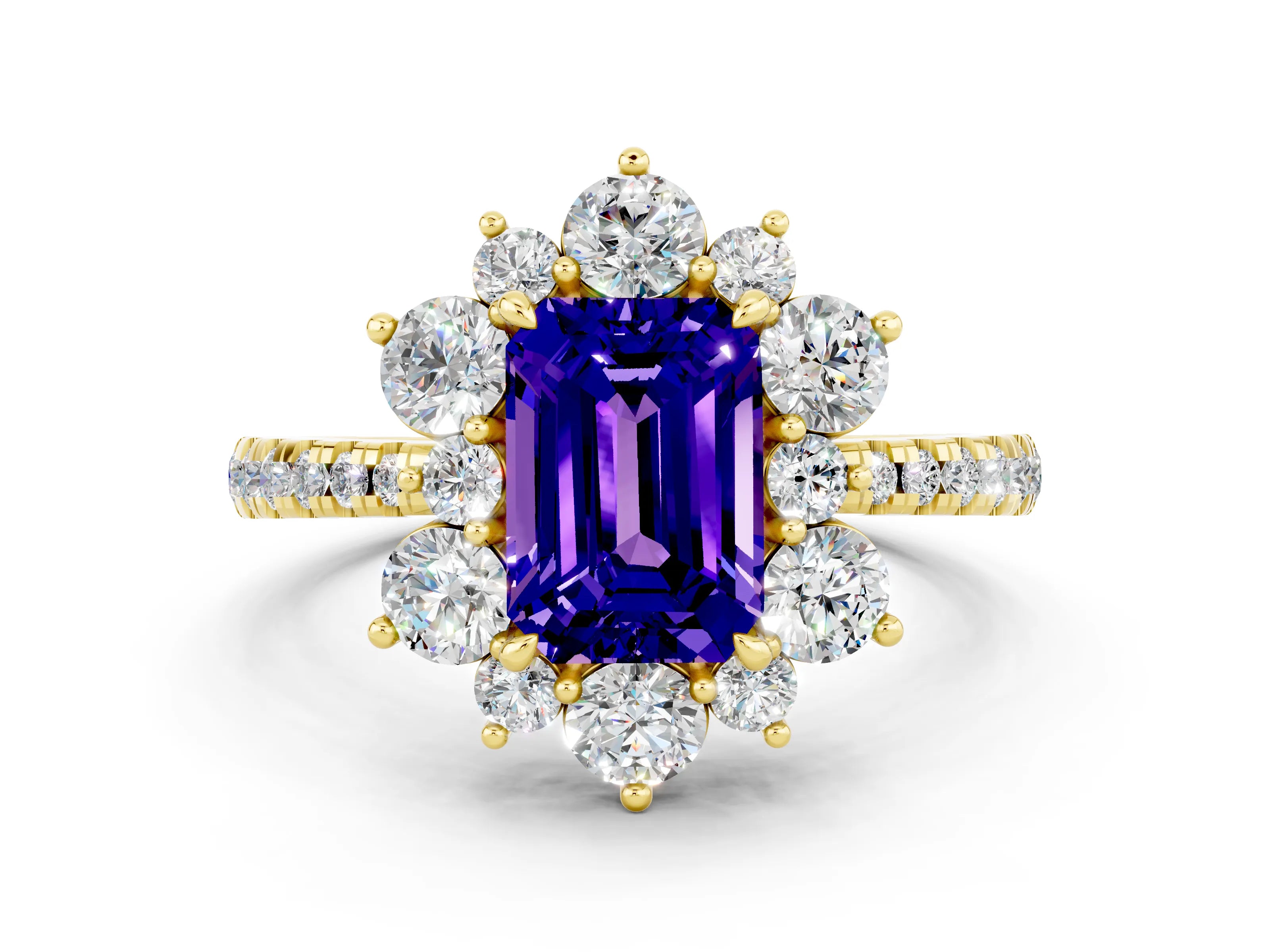 Yellow gold Emerald Cut Cut Diamond Floral Halo Pave Band with Prong Setting
