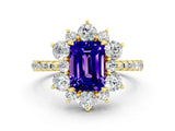 Yellow gold Emerald Cut Cut Diamond Floral Halo Pave Band with Prong Setting