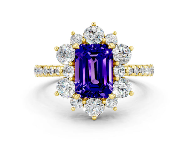 Yellow gold Emerald Cut Tanzanite Floral Halo Ring with Round Pavé Band and Prong Setting