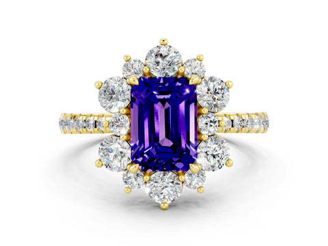 Yellow gold Emerald Cut Cut Diamond Floral Halo Pave Band with Prong Setting