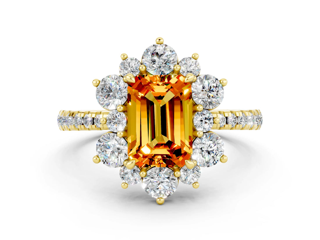 Yellow gold Emerald Cut Cut Diamond Floral Halo Pave Band with Prong Setting