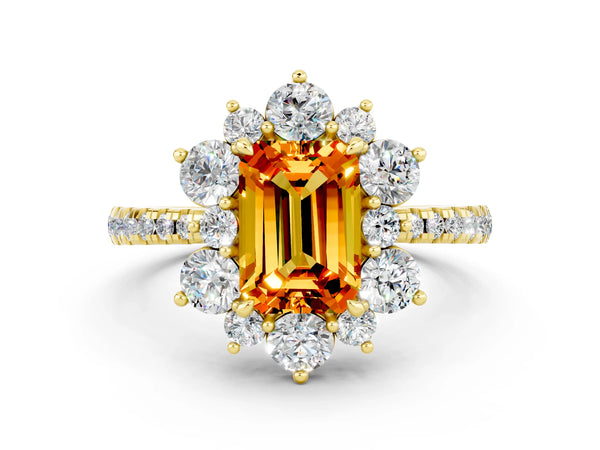 Yellow gold Emerald Cut Citrine Floral Halo Ring with Round Pavé Band and Prong Setting