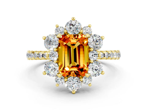 Yellow gold Emerald Cut Cut Diamond Floral Halo Pave Band with Prong Setting