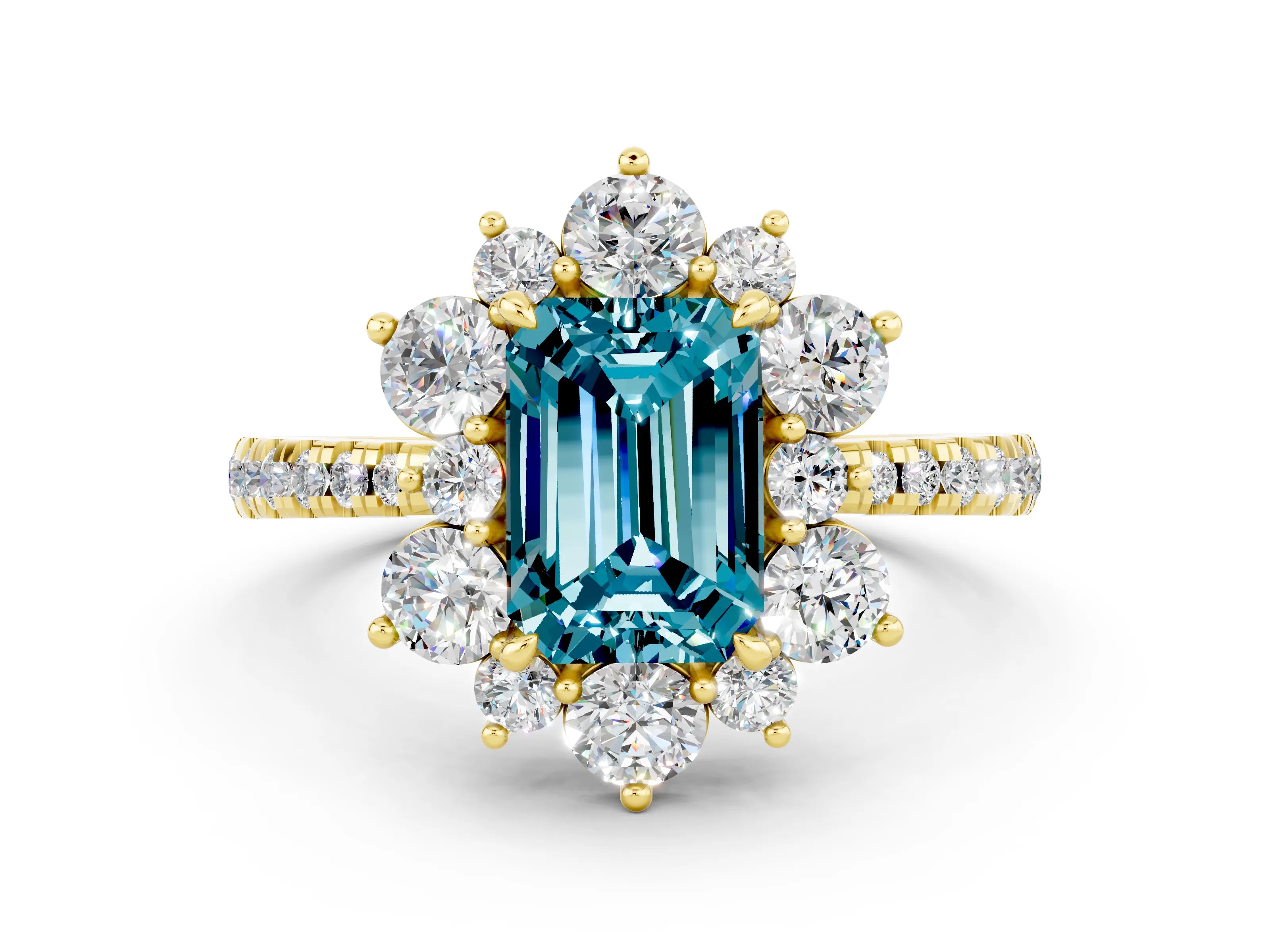 Yellow gold Emerald Cut Cut Diamond Floral Halo Pave Band with Prong Setting