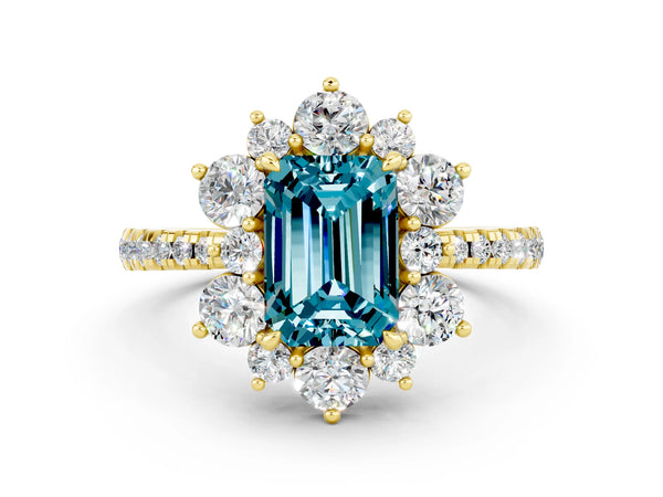 Yellow gold Emerald Cut Cut Diamond Floral Halo Pave Band with Prong Setting