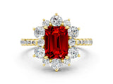 Yellow gold Emerald Cut Cut Diamond Floral Halo Pave Band with Prong Setting