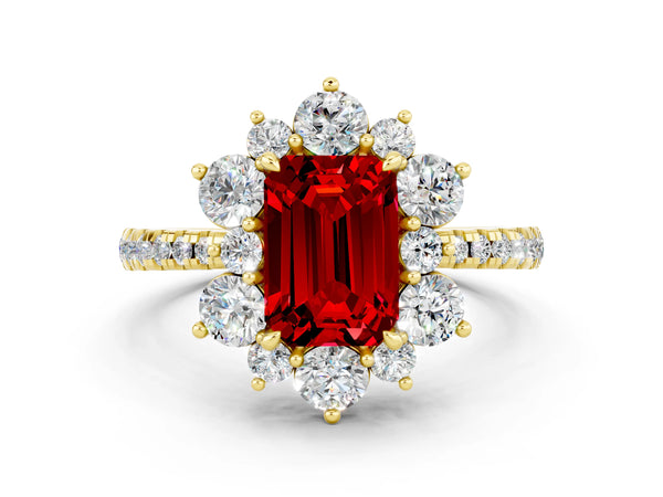 Yellow gold Emerald Cut Ruby Floral Halo Ring with Round Pavé Band and Prong Setting