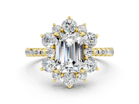 Yellow gold Emerald Cut Cut Diamond Floral Halo Pave Band with Prong Setting
