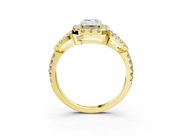 Yellow Gold Emerald Cut Split Shank Pave Halo Engagement Ring Setting