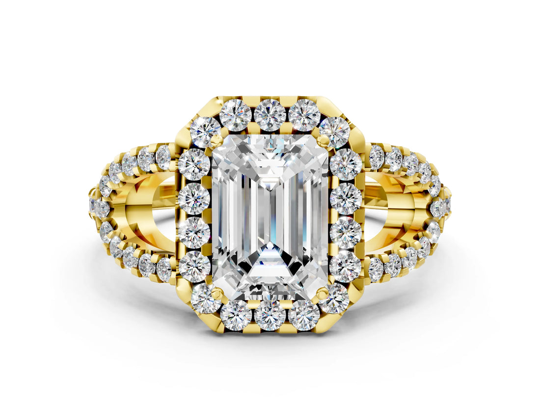 Yellow gold Emerald Cut Cut Diamond Halo Engagement Ring with Open Split Pavé Band_9