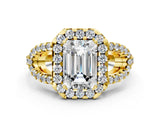 Yellow gold Emerald Cut Cut Diamond Halo Engagement Ring with Open Split Pavé Band_9
