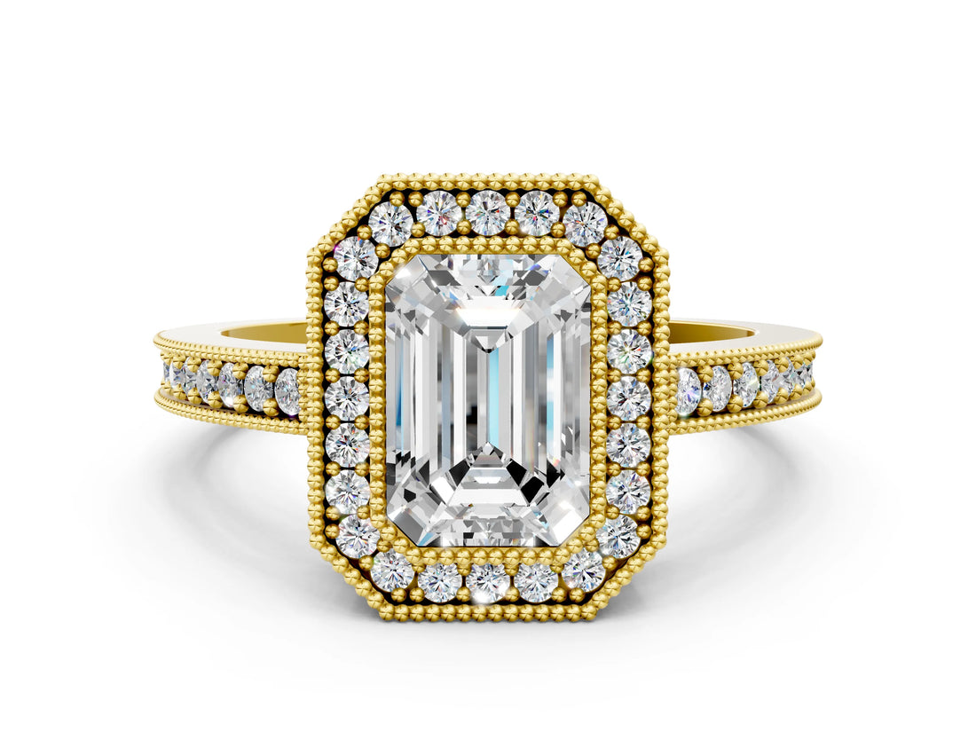Yellow gold Emerald Cut-Cut Diamond Halo Engagement Ring with Pave Band and Prong Setting_9