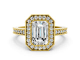 Yellow gold Emerald Cut-Cut Diamond Halo Engagement Ring with Pave Band and Prong Setting_9