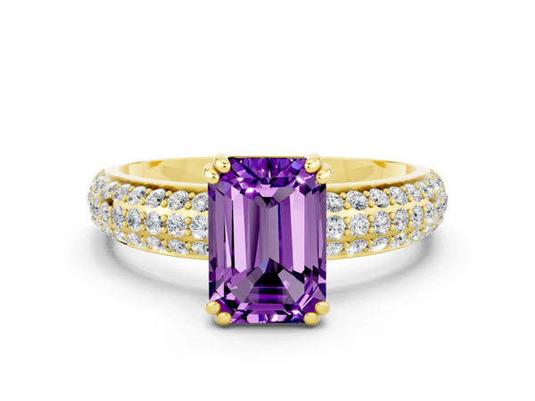 Yellow gold Emerald Cut Amethyst Vintage Milgrain Ring with Round  Stations