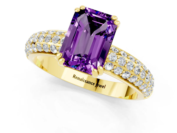 Yellow gold Emerald Cut Amethyst Vintage Milgrain Ring with Round  Stations