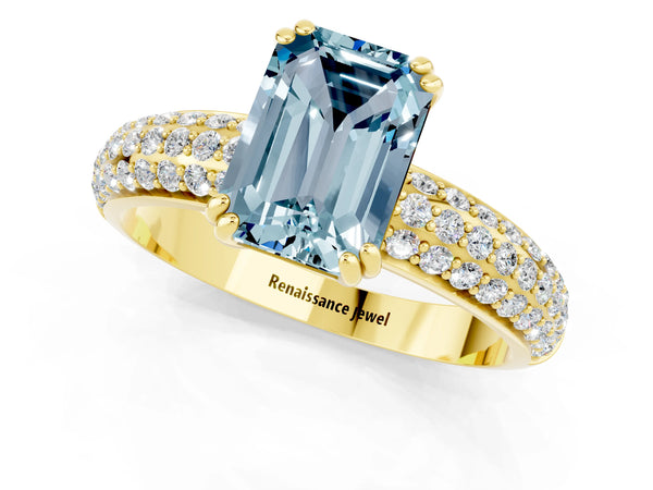 Yellow gold Emerald Cut Aquamarine Vintage Milgrain Ring with Round  Stations