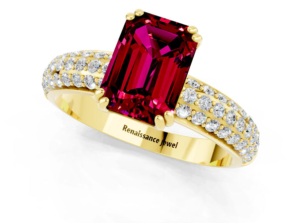Yellow gold Emerald Cut Garnet Vintage Milgrain Ring with Round  Stations